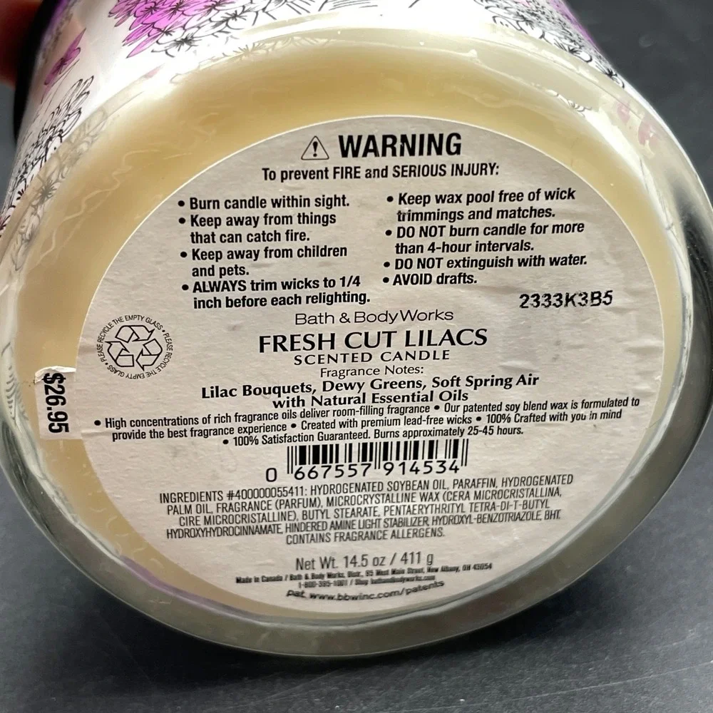 Bath‎ & Body Works Fresh Cut Lilacs 3-Wick Scented Candle 14.5oz Essential Oil